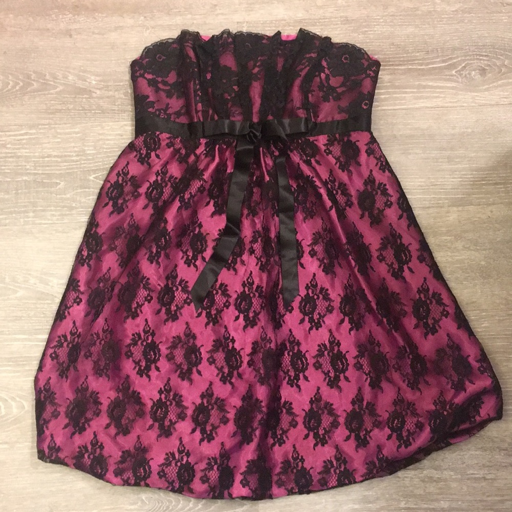 Black lace and pink satin party dress